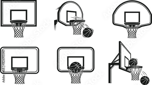 Set of Basketball Hoops Backboards Net and Ball Vector Silhouette Icons Collection Sport Game Equipment Graphic Elements Black and White Design.