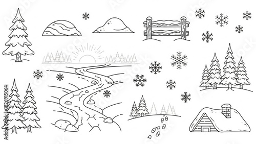 Winter Forest Icons – Outline Vector Set of Trees, Snow, and Cabin Elements