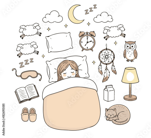 Vector illustration set of sleep and dream elements with a girl in bed, an alarm clock, a book, and a sleeping cat for good night concepts