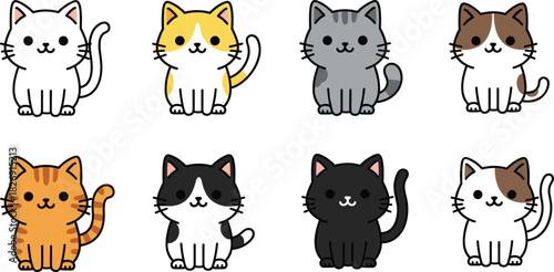 Cute Cartoon Cat Set Featuring Various Colors and Breeds in Adorable Kawaii Style.