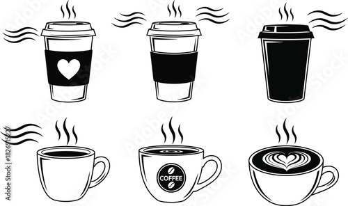 Set of hot beverage vector art, coffee cup, takeaway drink glass design elements. Black and white illustration of drinks isolated on a checkered background.