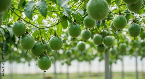 Fototapeta Naklejka Na Ścianę i Meble -  Lush green passion fruits hanging from vines in a tropical orchard.