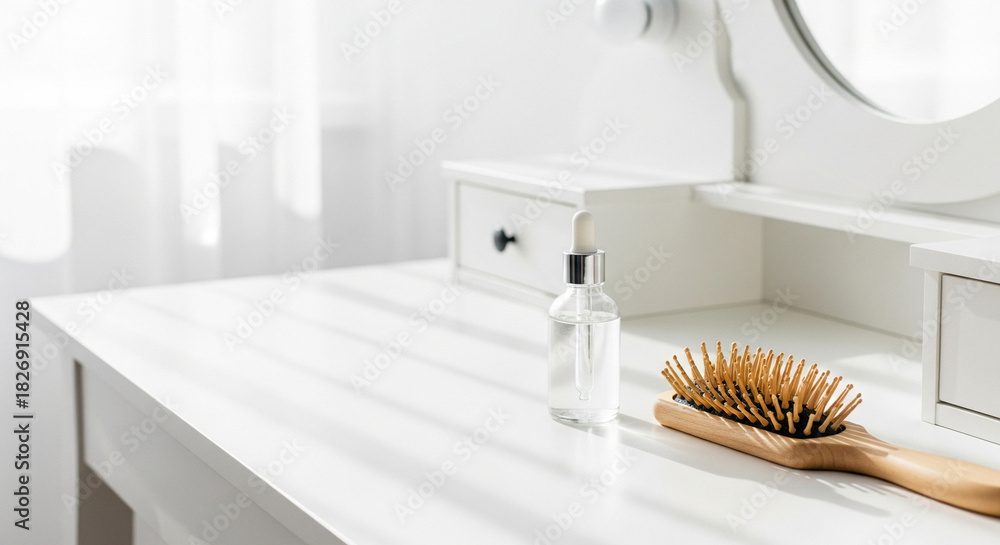 Fototapeta premium Wooden hairbrush and clear bottle on white vanity table in sunlight 