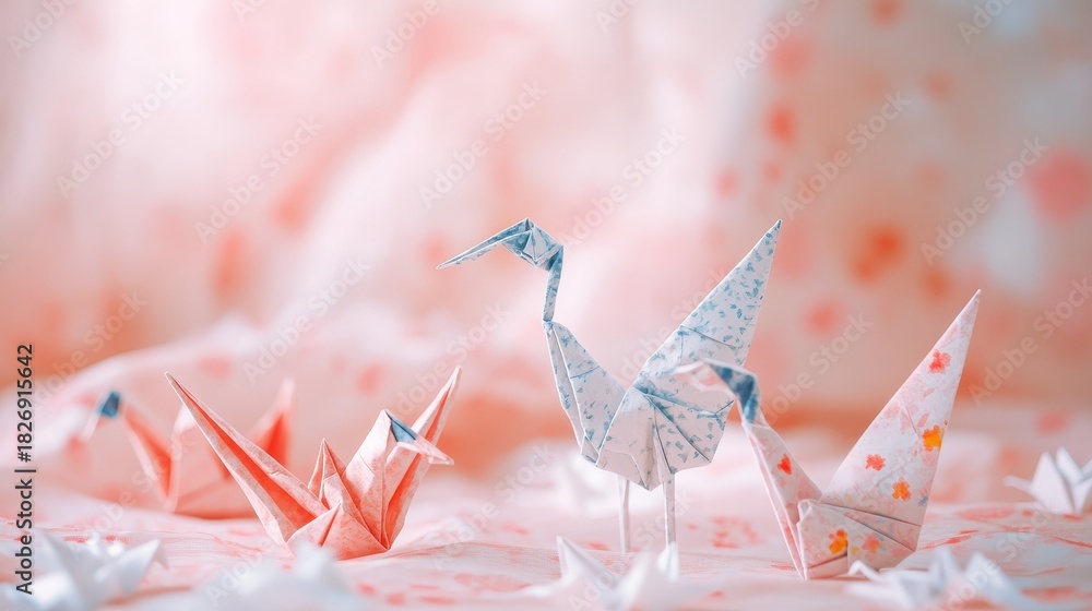 Obraz premium Intricate origami cranes made of paper displayed on a soft pink and white textured background