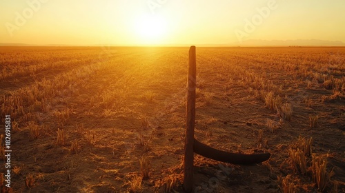 Isolated rusted agricultural plowshare with a broken tine in a golden sunset field