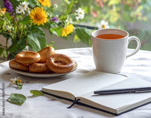 Still life scene of a mug of tea, bagels, open notebook, and pen. Fresh flowers in a vase in natural light