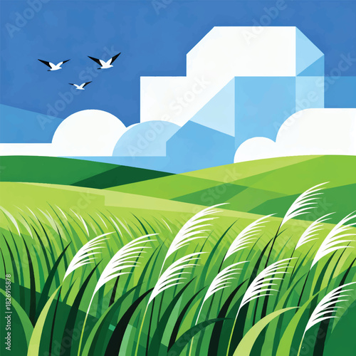 Illustration Of A Vast Meadow, Weeds Blowing In The Wind, A Bright Blue Sky With Large Clouds Vector Design Template
