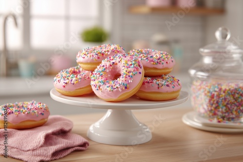 Delicious Pink Frosted Donuts With Sprinkles on a Cake Stand in a Bright Kitchen Setting