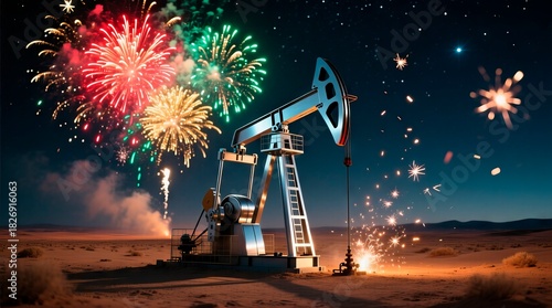 An oil derrick in the background of a fireworks display, wishing New Year's and Christmas greetings to oil workers and the oil industry.