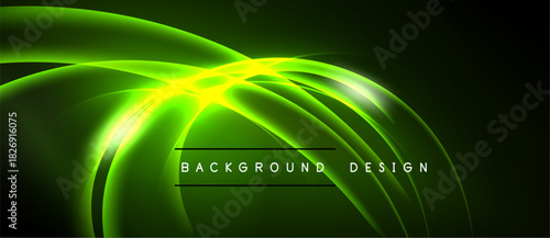 Bright green neon waves form abstract design. Dark background enhances glowing effect, creating dynamic visual impact.