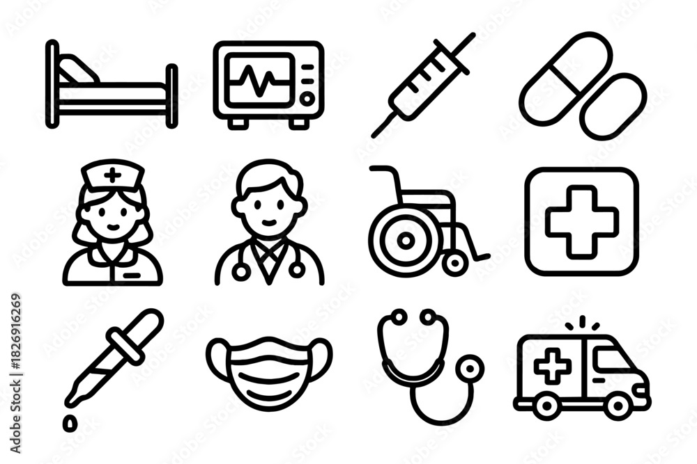 Fototapeta premium Medical icons collection: doctor, nurse, and healthcare equipment in linear style