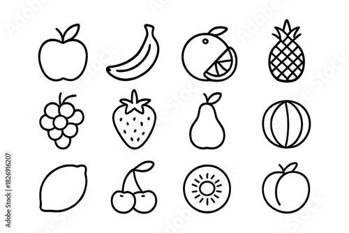 Minimalist fruit icons set: simple line drawings of apples, bananas, oranges, and more