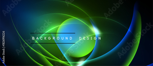 Abstract neon lines create dynamic flowing shapes. Vivid green dominates with blue accents. Text reads background design. Modern, energetic visual.