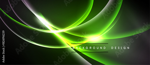 Abstract neon lines create dynamic curves. Bright green glows against dark background. Modern design element for digital projects.