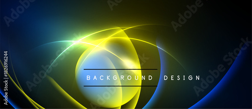 Abstract background features vibrant yellow, blue curves. Central text reads background design. Dark areas create dramatic contrast, modern aesthetic.