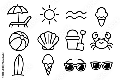 Simple summer beach icons set with black outline for seasonal design
