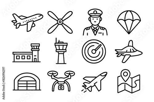 Aviation essentials: pilot, aircraft, control tower, drone, map in minimalist style