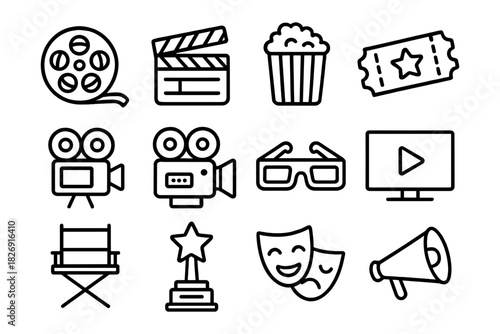 Cinema icons set: film, camera, and entertainment outline style