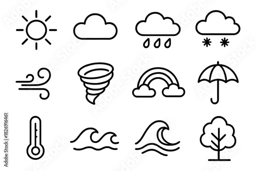 Weather icons collection: sun, cloud, rain, snow, wind, tornado, rainbow, umbrella, thermometer, waves, tree