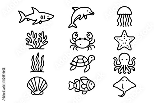 Marine life icons set featuring fish, shells, and ocean creatures in linear style