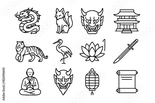 Japanese icon set featuring mythical creatures, samurai, and traditional symbols in linear style