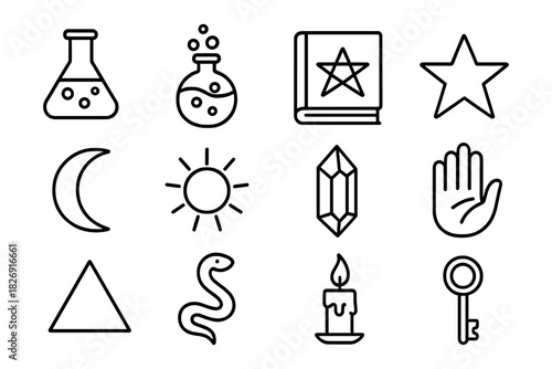 Mystic line art icons: alchemy, astrology, and magic symbols