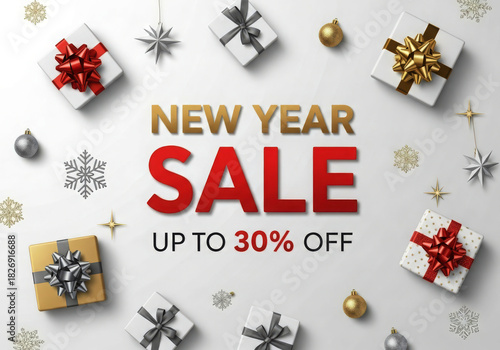 New year sale promotion with festive gift boxes and winter decor
