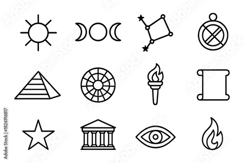 Ancient symbols collection: sun, moon, constellation, pyramid, and more in linear style