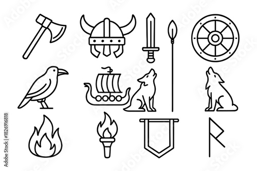 Set of viking icons: symbols of norse culture and mythology in linear style