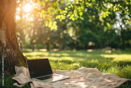 Laptop on a blanket under a large tree in a green park on a sunny day. Concept of remote work, studying outdoors, and digital nomad lifestyle