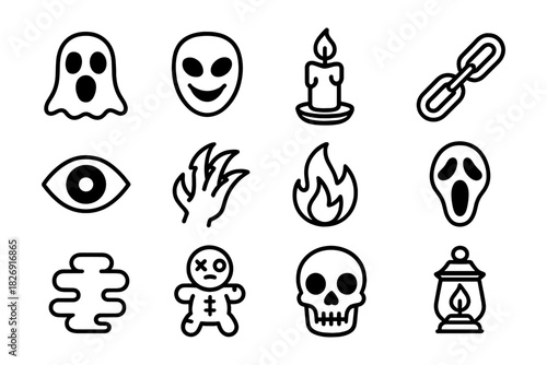 Halloween icons set: ghosts, skulls, and more in bold linear style