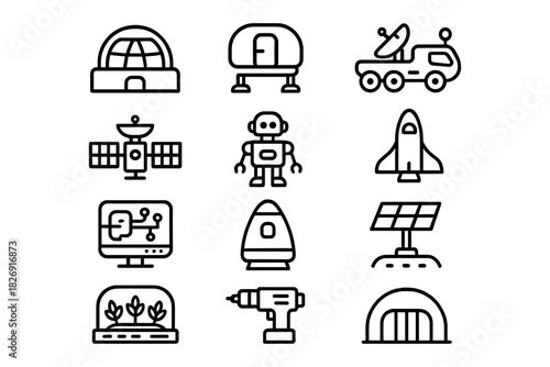 Minimalist space icons set featuring robots, satellites, and mars habitat concepts