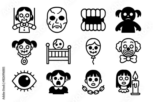 Creepy cartoon faces and horror elements featuring dolls, clowns, ghosts, and masks in black and white