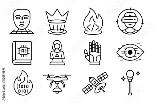 Futuristic technology icons set with ai, robotics, and cyber elements in modern linear design