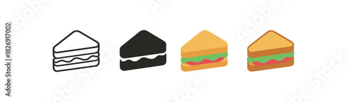 Set of sandwich icons in outline, silhouette, flat, and filled styles