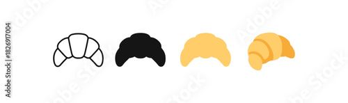 Croissant icon set in linear, solid, flat, and color variations