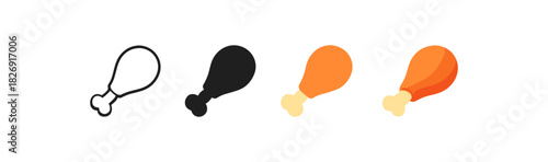 Chicken drumstick icons in four distinct styles: outline, solid, flat, and gradient