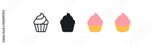 Cupcake icons: linear, silhouette, and flat style designs for dessert lovers