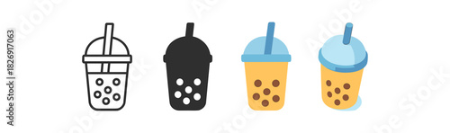 Bubble tea icons collection in flat, linear, and silhouette styles