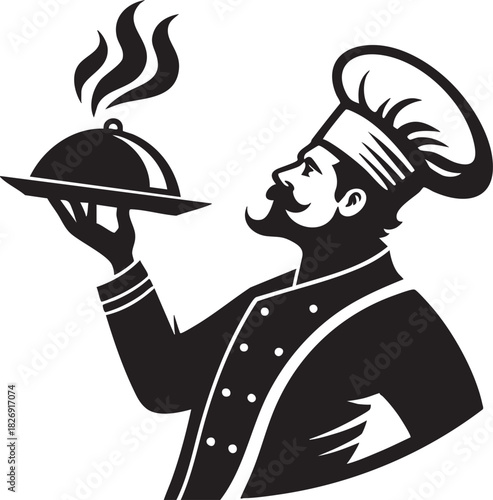 Chef in toque hat serving steaming cloche dish, profile view, culinary expertise, restaurant, food service, gourmet meal preparation art icon