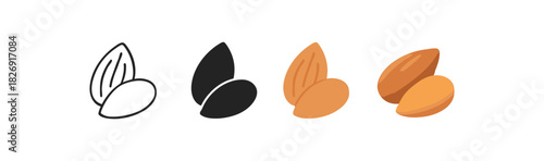 Almond icons in outline, solid, and colored styles on white background