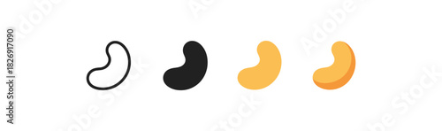 Cashew nuts in various styles: outline, solid, flat, and 3d designs