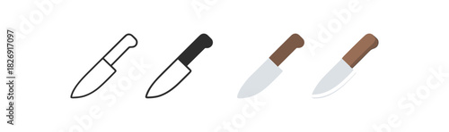 Set of kitchen knife icons in outline and colorful flat style