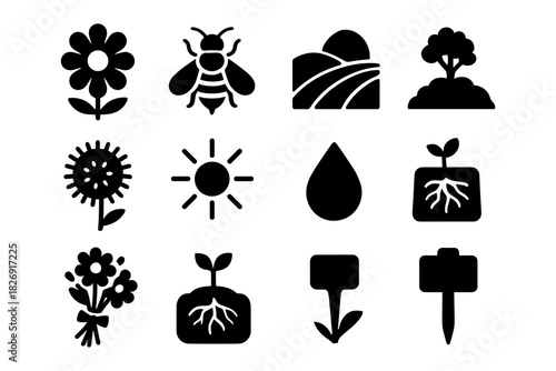 Nature and gardening icon set featuring plants and ecology symbols