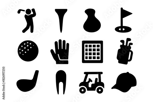 Golf equipment and icons set: black silhouette collection featuring clubs, balls, and more