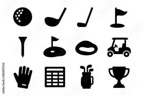 Golf equipment and symbols in black silhouette style