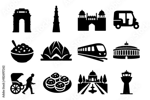 India silhouette icons: cultural landmarks, cuisine, and transportation symbols