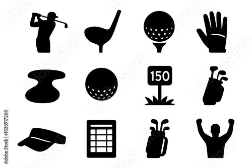 Golf icons collection featuring equipment, players, and accessories in a simple silhouette style