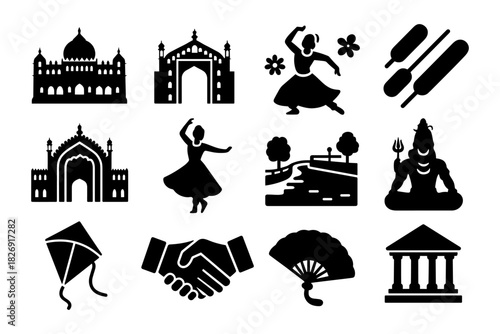 Cultural silhouettes: iconic indian architecture, dance, and traditions in black and white