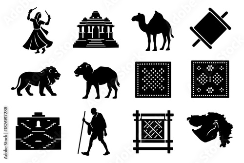Silhouette icons of indian culture: traditional dancer, monuments, wildlife, and crafts